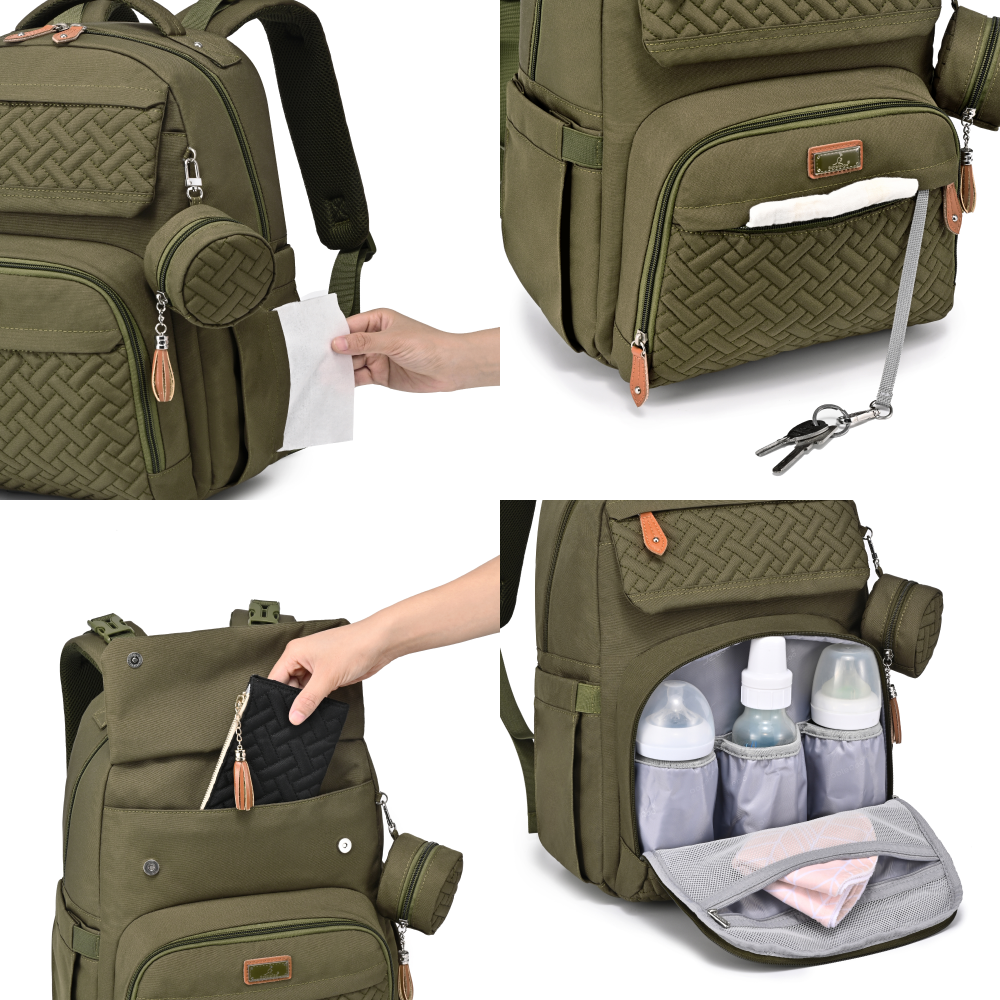 army green travel diaper bag features