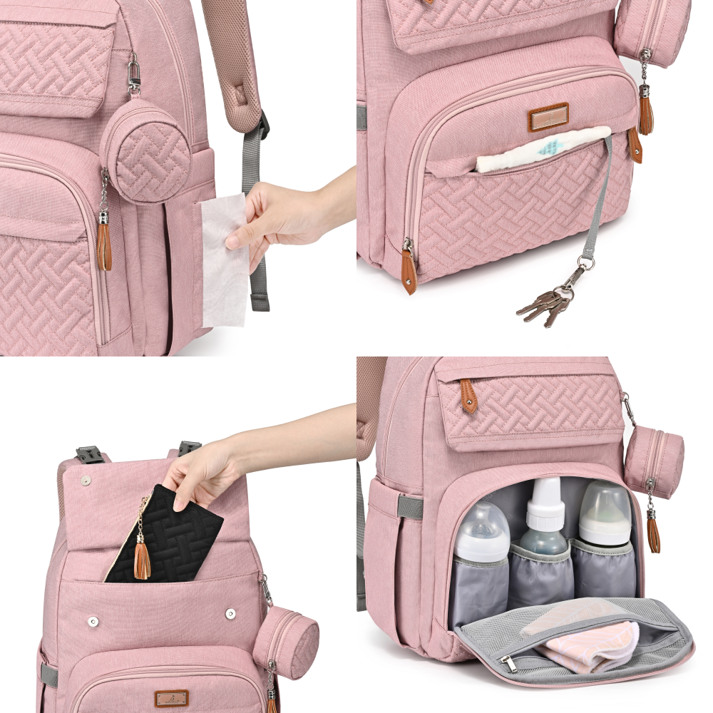 pink travel diaper bag features