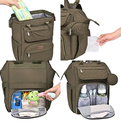 army green wide top diaper bag features