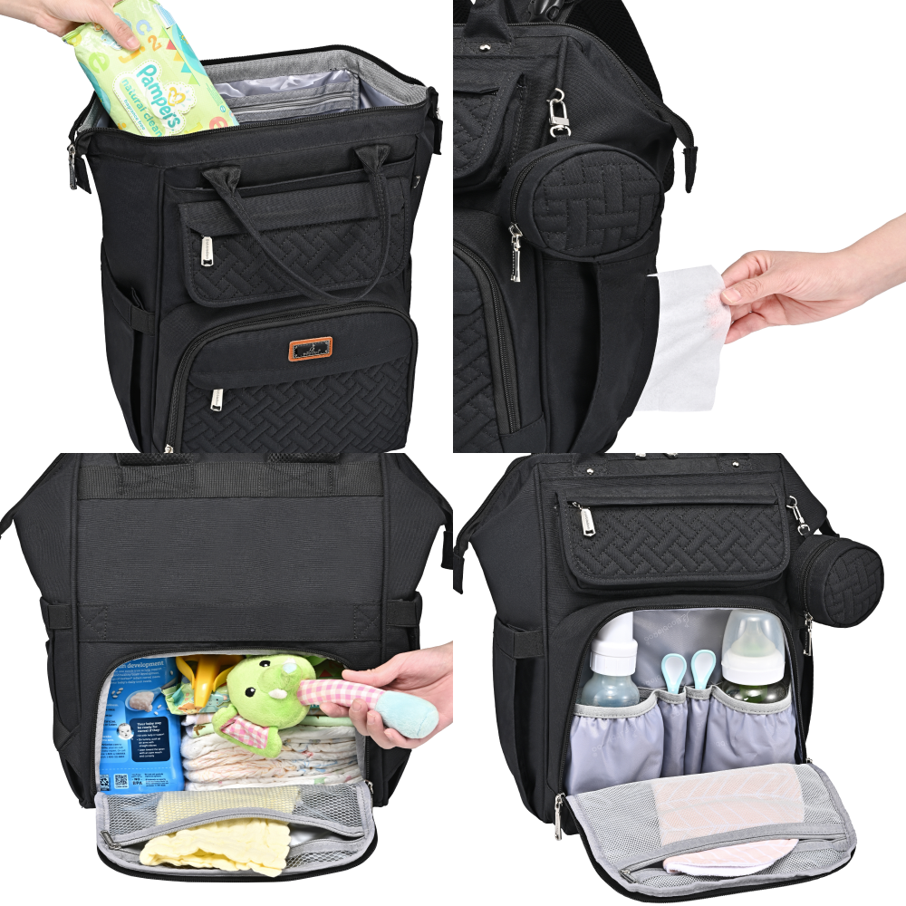 black wide top diaper bag features