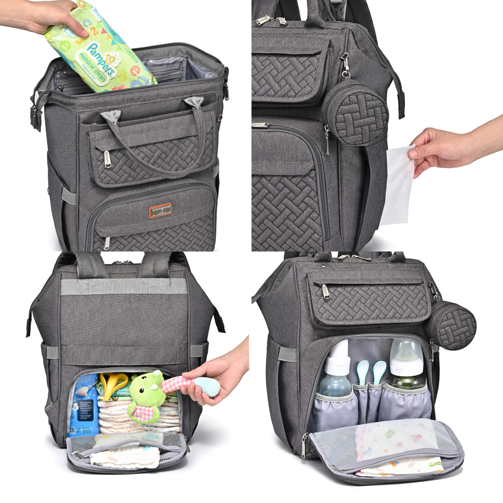 dark grey wide top diaper bag features