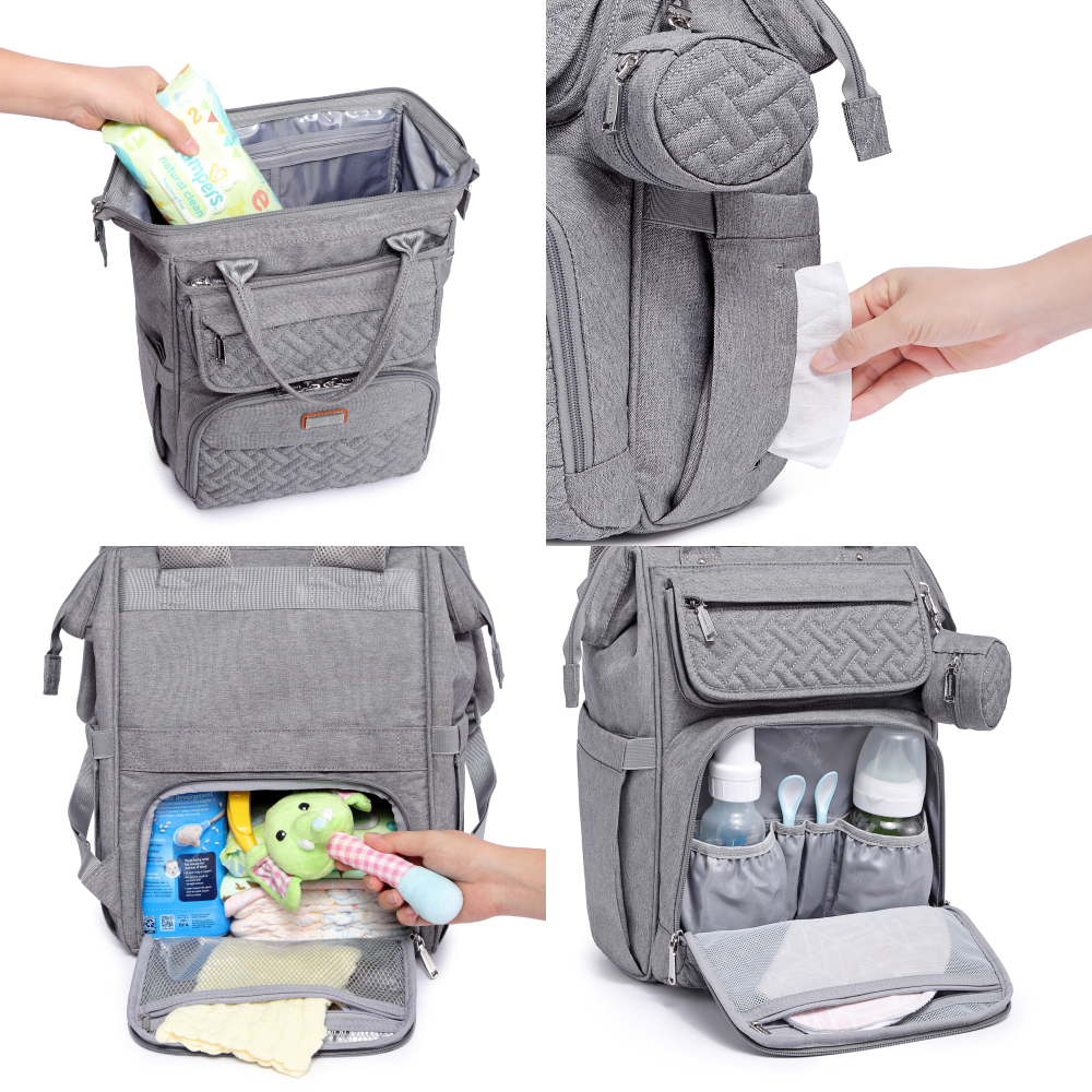 light grey wide top diaper bag features