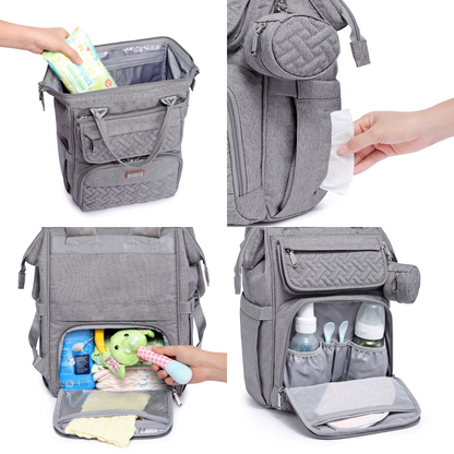 light grey wide top diaper bag features