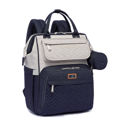 wide top diaper bag blue and white