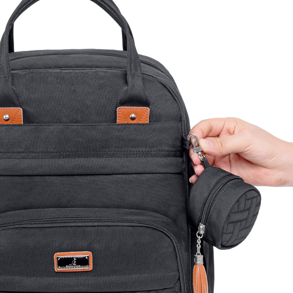 black original diaper bag pacifier pocket