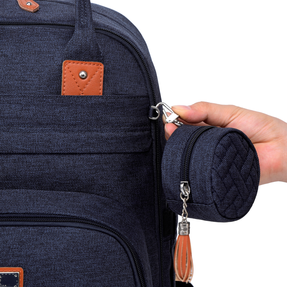 navy blue original diaper bag pacifier pocket